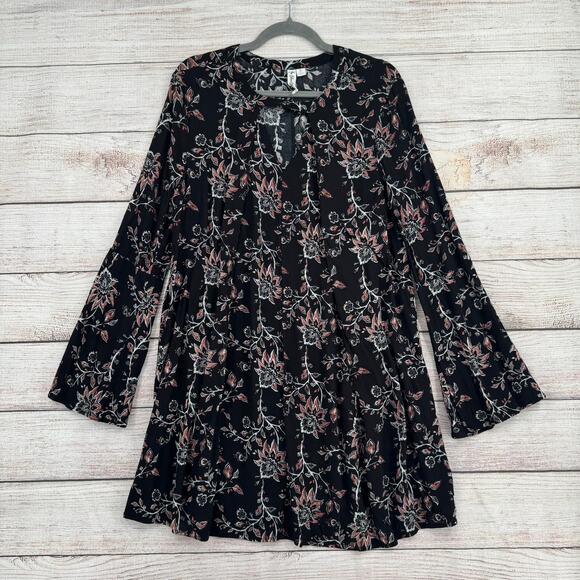 Others Follow Floral Shirt Mini Dress Womens Large Black Pink V-Neck Button Neck - Picture 1 of 10